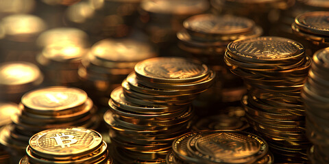 Gold coins and money are scattered on the table, Stacks of gold and copper coins.