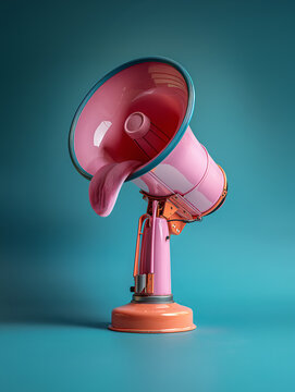 Meg&aacute;fono de color rosa y naranja con lengua en fondo azul pastel. Imagen generada con IA
