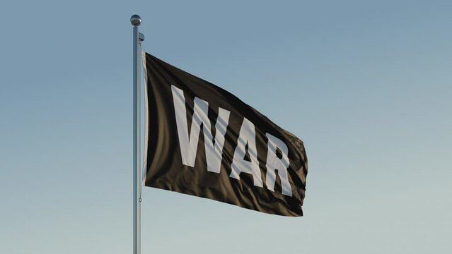 War Text Black Fag Pole Global Cinematic Loop Realistic Blue Sky Wind