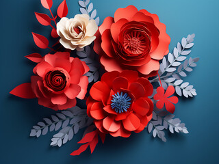 Red and blue paper flowers honor Veterans' Day against a blue backdrop