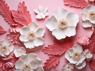A delightful floral background is composed of pink and white paper-cut flowers
