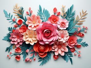 Decorative floral elements feature vivid paper flowers in digital art