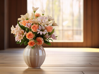 Flowers in a vase adorn a wooden floor in a rendered room