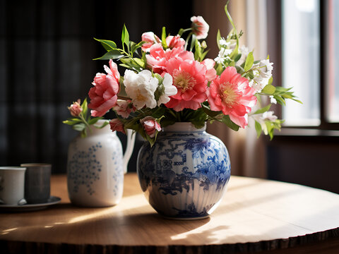 A vase filled with flowers stands on a wooden floor in a rendered room