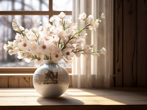 Wooden-floored room hosts a vase filled with flowers in 3D