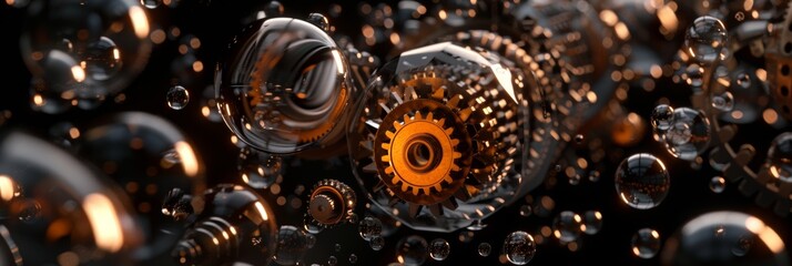 3D rendering of an abstract metal and glass machine with glowing orange light spheres, surrounded by gears and cogs. - obrazy, fototapety, plakaty