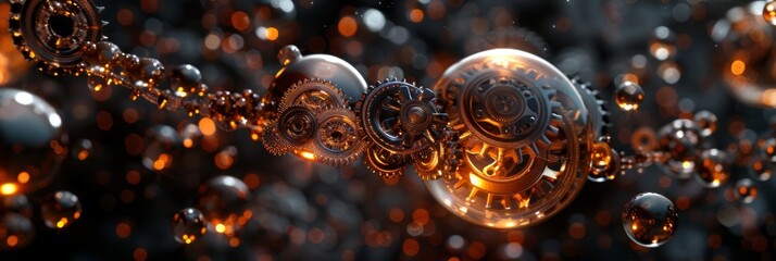 3D rendering of an abstract metal and glass machine with glowing orange light spheres, surrounded by gears and cogs.