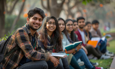 indian group of happy students sitting in college campus,generative ai