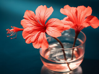 Coral geranium stands in glass beaker against delicate coral backdrop - obrazy, fototapety, plakaty