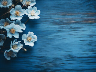 Flowers grouped together on blue wooden backdrop
