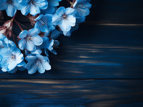 Bouquet of flowers rests on blue wooden background