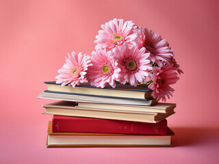 Stack of books with fresh chrysanthemum bookmarks