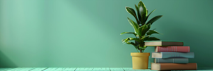 A yellow vase of a plant with books on it and a green background, 