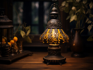 Vintage lamp positioned on a dark wooden tabletop - obrazy, fototapety, plakaty