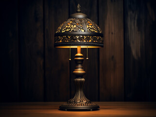 Antique lamp placed atop a dark wooden surface