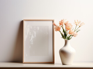 Flowers in white vase placed before picture frame