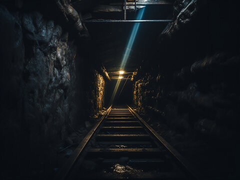 Vertical shot revealing a dimly lit tunnel with sparse light sources