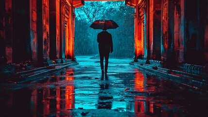Scarlet Sanctuary: A Person Stands Under a Red Umbrella in the Rain, Creating a Vibrant Contrast Against the Gray Sky
