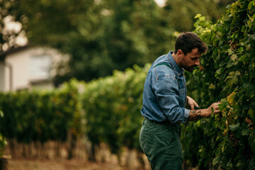 Naklejka na ściany i meble Experienced male vineyard worker ensuring quality by hand-selecting grapes for harvest