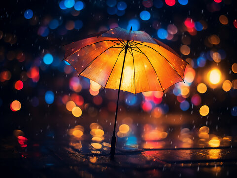 Night lights in soft focus produce blurred bokeh, shaped like an umbrella