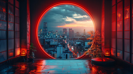 A circular window overlooking a neon-lit cityscape, casting an otherworldly glow into the sleek, minimalist interior-6