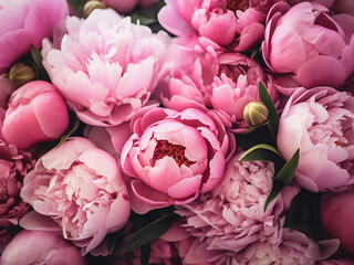A lush bouquet of peonies in varying shades of pink fills the rustic background