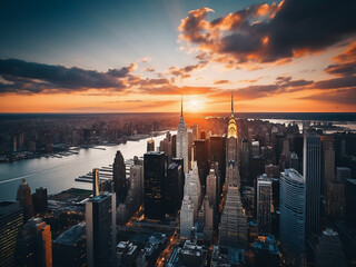 The New York City skyline at sunset unfolds in an aerial view
