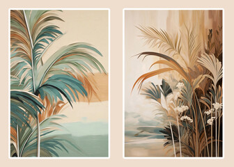 tropical simple, abstract, textured, shaded, palm leaves with touches of Faded colors oil painting