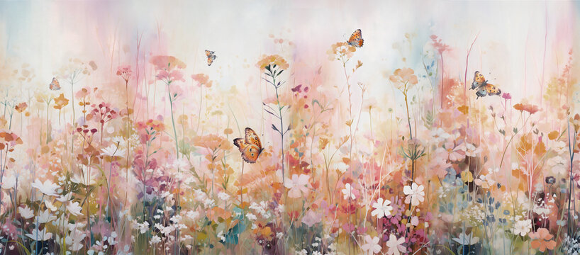 drawing of the pattern of wild flowers with their branches and graceful butterflies in bright colors for walls and walls