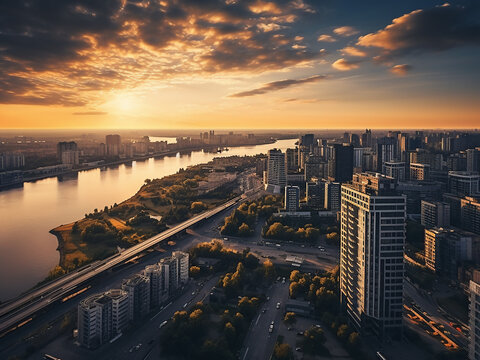 The dawn breaks over the urban landscape of Kiev, Ukraine