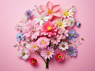 Spring flowers arranged on pink backdrop in flat lay