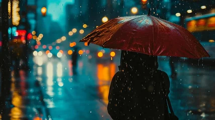 Fotobehang Crimson Canopy: A Person Standing Under a Red Umbrella in a Gentle Rain, Amidst the City's Hustle © Huzaifa