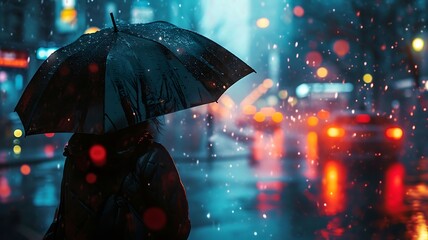 Crimson Canopy: A Person Standing Under a Red Umbrella in a Gentle Rain, Amidst the City's Hustle