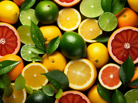 Variety of tropical citrus fruits displayed as a backdrop