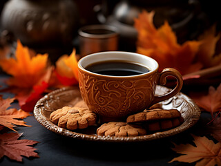 Leaf-shaped cookies accompany a steaming cup of coffee - obrazy, fototapety, plakaty