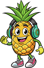 Retro cartoon character of pineapple with headphone