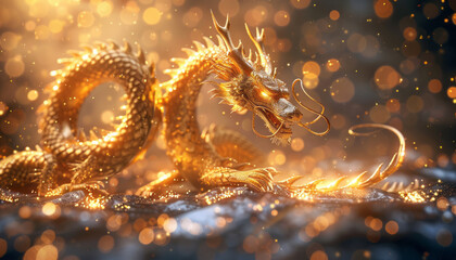 A golden dragon coiled around, curling,sparkling lights,generative ai - obrazy, fototapety, plakaty