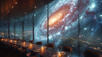 A holographic projection of a galaxy swirl-ing above diners, casting ethereal light onto sleek...