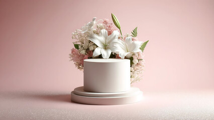 blank cylinder podium, adorned with delicate lily flowers, set against a soft pink background