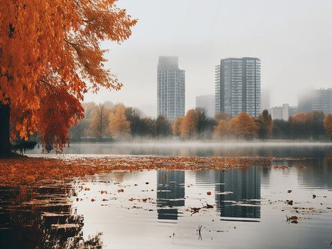 Foggy autumn scene lake amidst skyscrapers