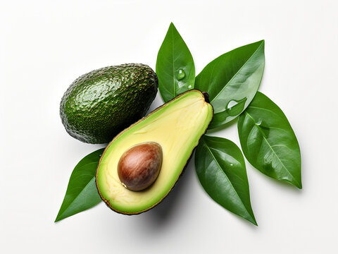 Avocado placed among tropical leaves on white surface