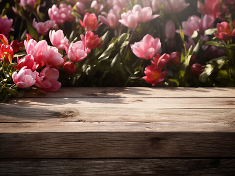 AI-generated scene spring flowers arranged on a wooden garden table