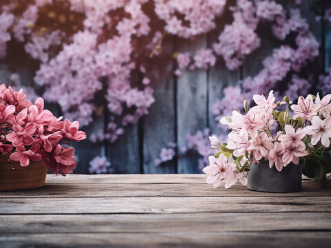 Wooden garden table adorned with spring flowers, AI-generated