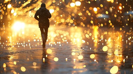 Raindance Revelry: A Person Running Joyfully in the Rain, Surrounded by Nature's Refreshing Embrace - obrazy, fototapety, plakaty