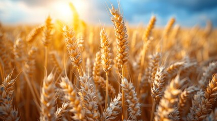Fototapeta premium Beautiful Rural Scenery under Shining Sunlight and blue sky. Background of ripening ears of meadow wheat field.