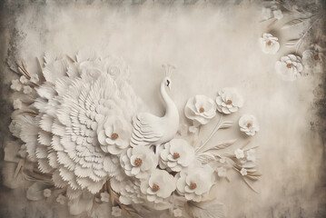 Naklejka premium White Peacock Relief Gypsum Carving, Flower Background, 3D Wallpaper vintage for Interior Murals Wall Art Décor.