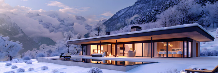 House with large panoramic windows and winter mountains , A charming chalet surrounded by snowcapped mountains.