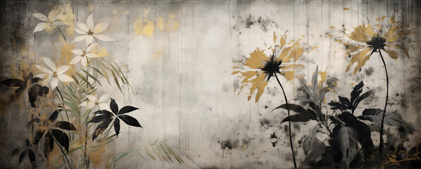 abstract textured drawing tropical palm leaves and flower in vintage shaded gold and black oil painting for wall