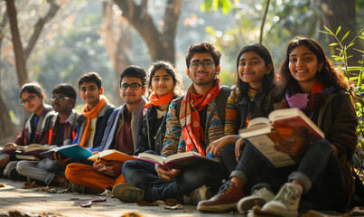 indian group of happy students sitting in college campus,generative ai - Powered by Adobe
