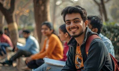 indian group of happy students sitting in college campus,generative ai - obrazy, fototapety, plakaty